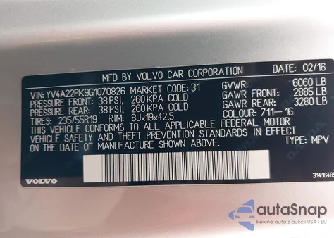 2016 Volvo Xc90 T6 Momentum z USA, uszkodzony, nr VIN YV4A22PK9G1070826